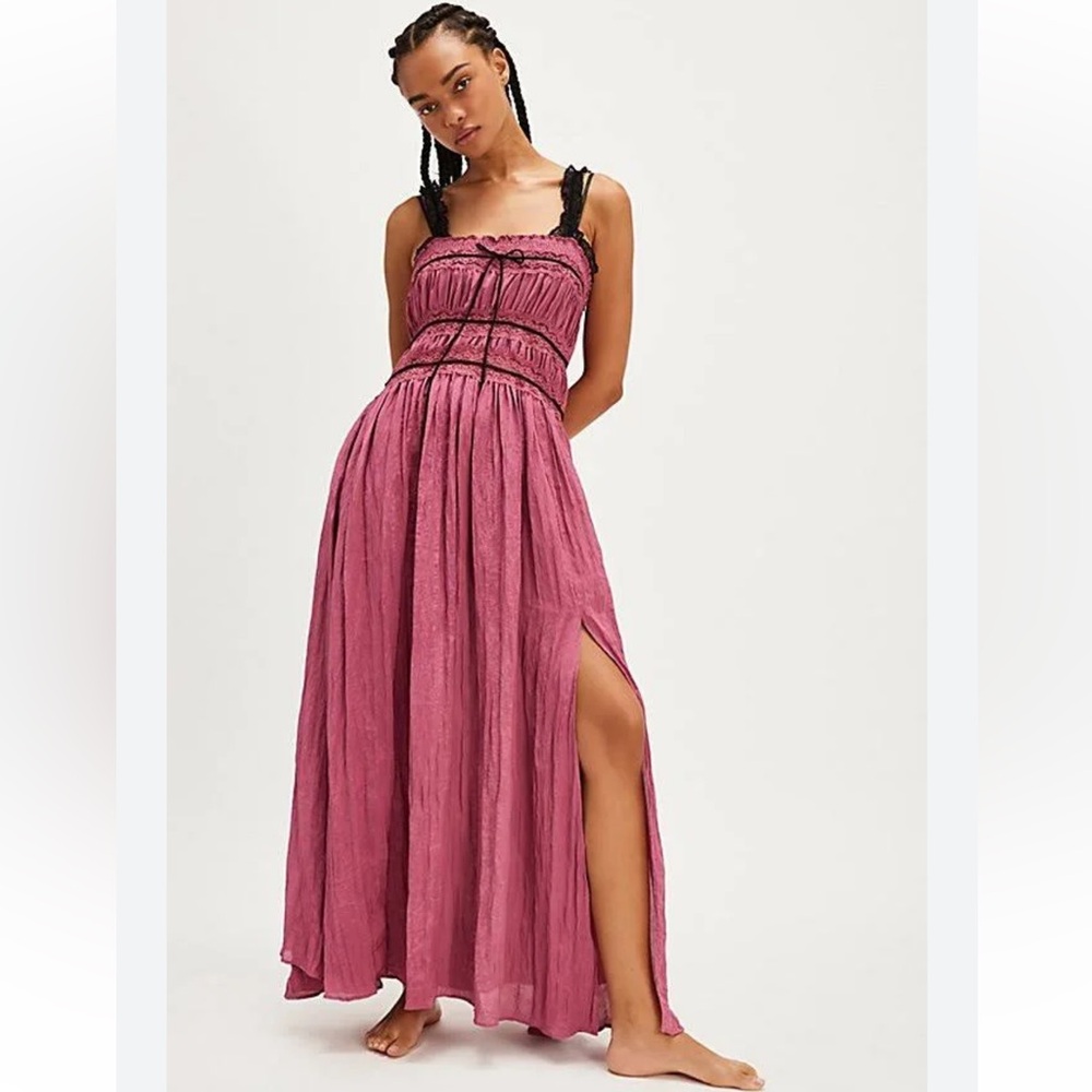 Free People Pretty Please Maxi Slip Dress Sweetheart Pink with Black Straps